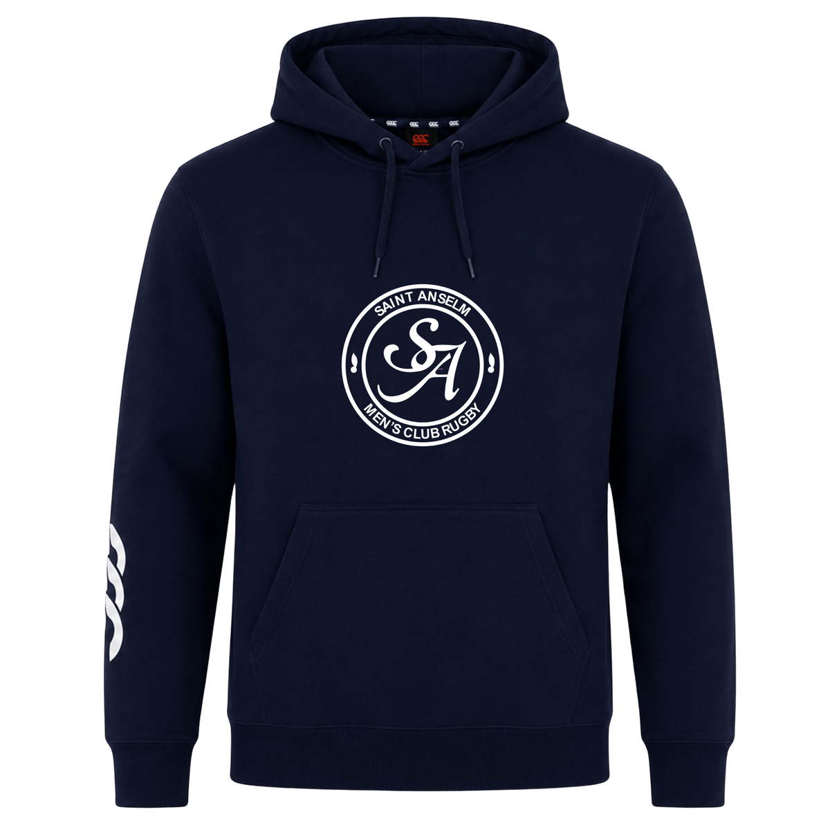 The Saint Anselm College Club Rugby Club Hoodie by WRS Canterbury is a navy blue hoodie with a front pocket, "Saint Anselm Men's Club Rugby" chest logo, and white right sleeve graphic—ideal custom apparel for club supporters.