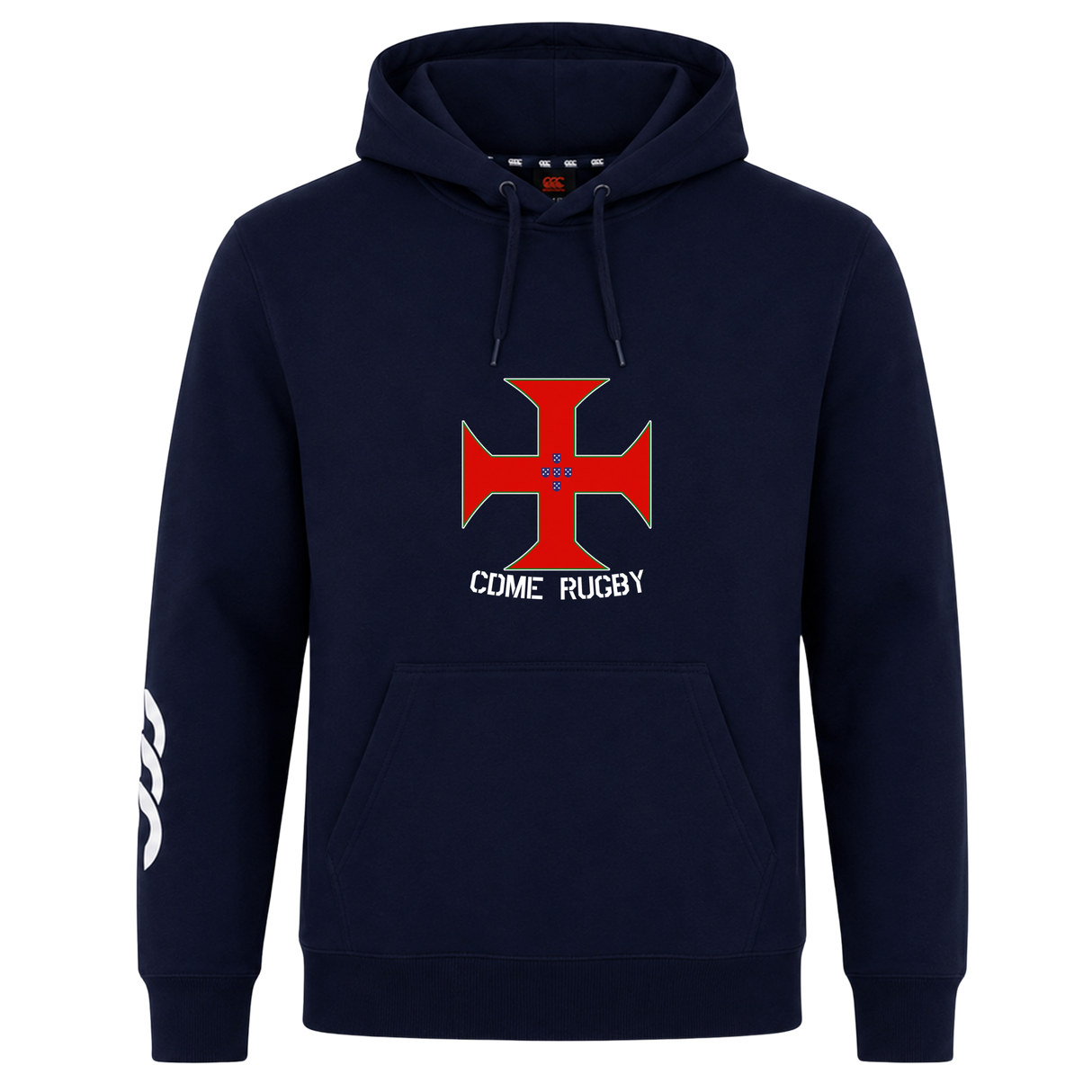 The SF CDME Rugby Club Hoodie by Canterbury, from WRS Canterbury, showcases a bold red cross emblem and "CDME RUGBY" text on the front, with a distinctive white custom design adorning the right sleeve.