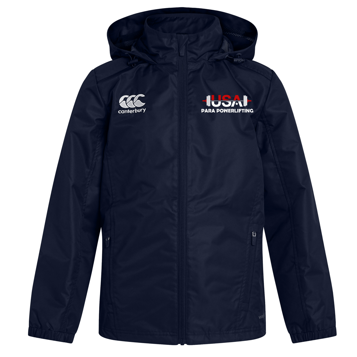 The USA Para Powerlifting Club Vaposhield Full Zip Rain Jacket by EMB Canterbury is a navy blue, water resistant jacket with zip front and hood, featuring USA Para Powerlifting and Canterbury logos. Ideal for wet weather with VapoShield technology.