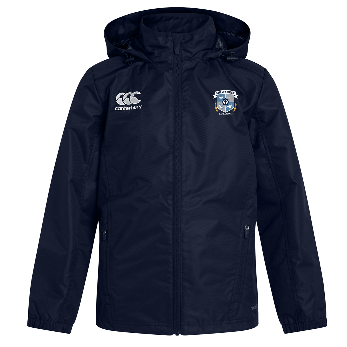 The Milwaukee Barbarians Rugby Club Vaposhield Full Zip Rain Jacket by Canterbury features a navy blue design with the EMB Canterbury logo on the right chest and an embroidered club crest on the left chest.