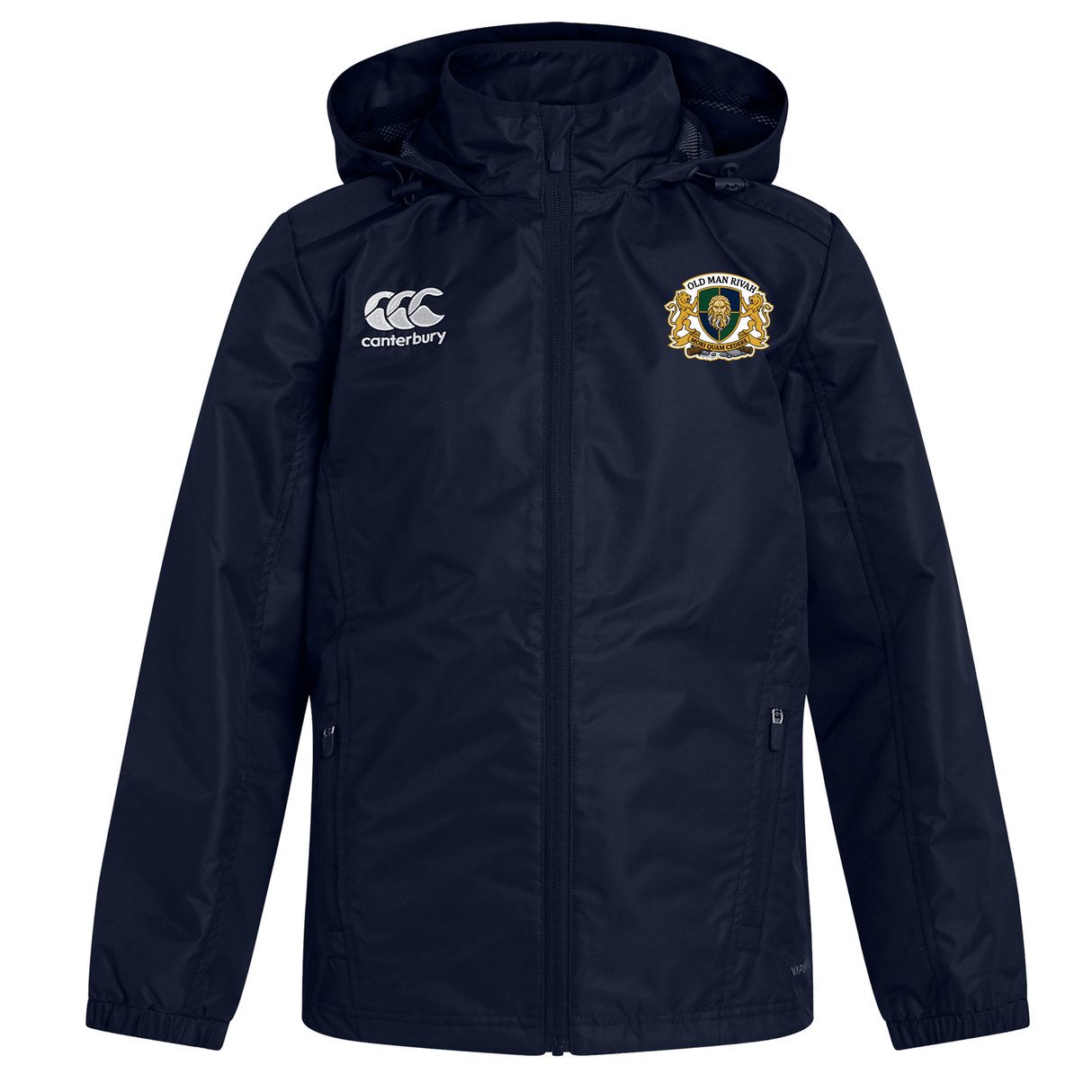 The Old Man Rivah Rugby Club Vaposhield Full Zip Rain Jacket by EMB Canterbury features a navy blue design, zip front, two zip pockets, Canterbury logo on the right chest, crest emblem on the left, and VapoShield water resistance.