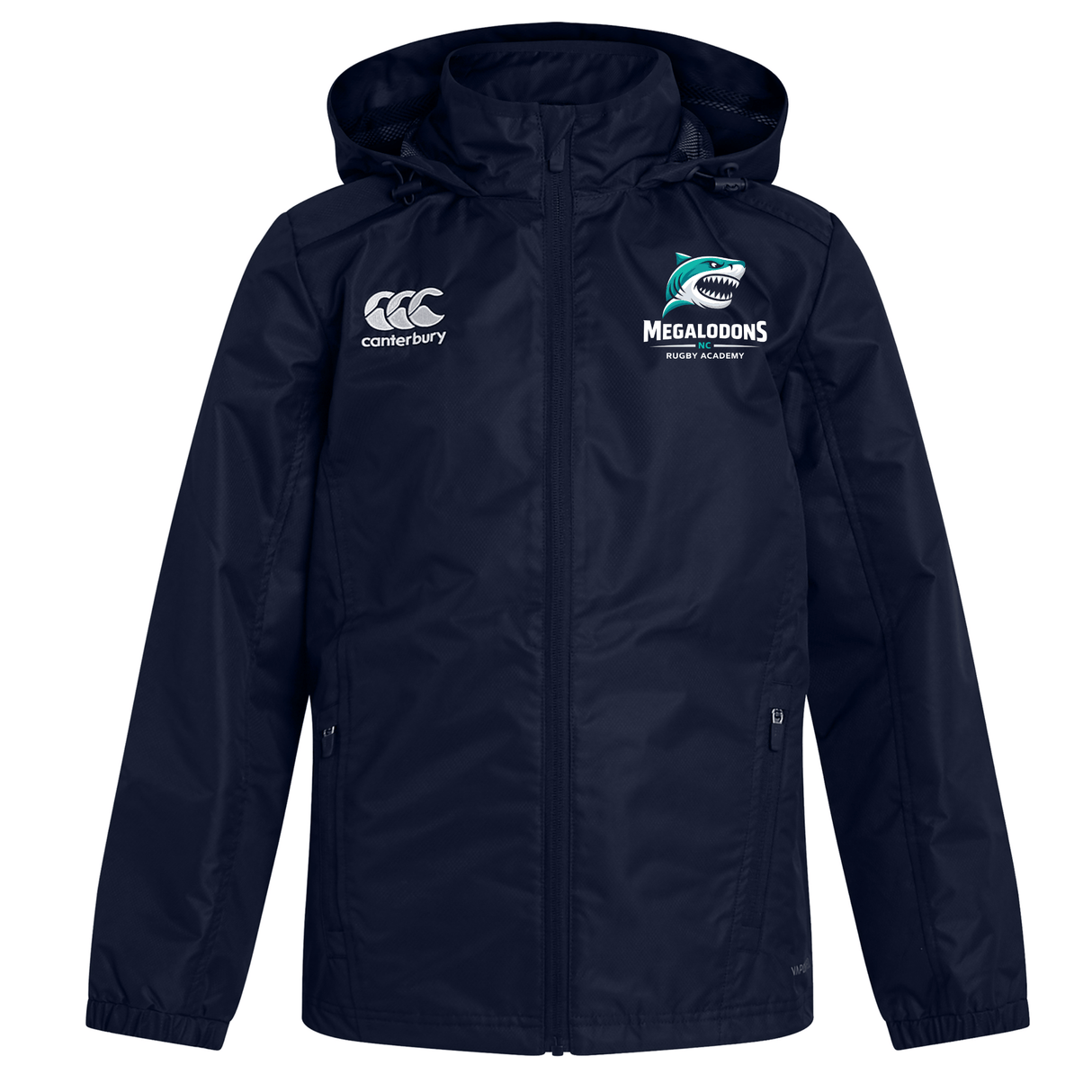 The NC Rugby Academy - Megalodons Club Vaposhield Full Zip Rain Jacket by EMB Canterbury is a navy blue jacket with white logos on the chest, featuring water-resistant VapoShield technology.