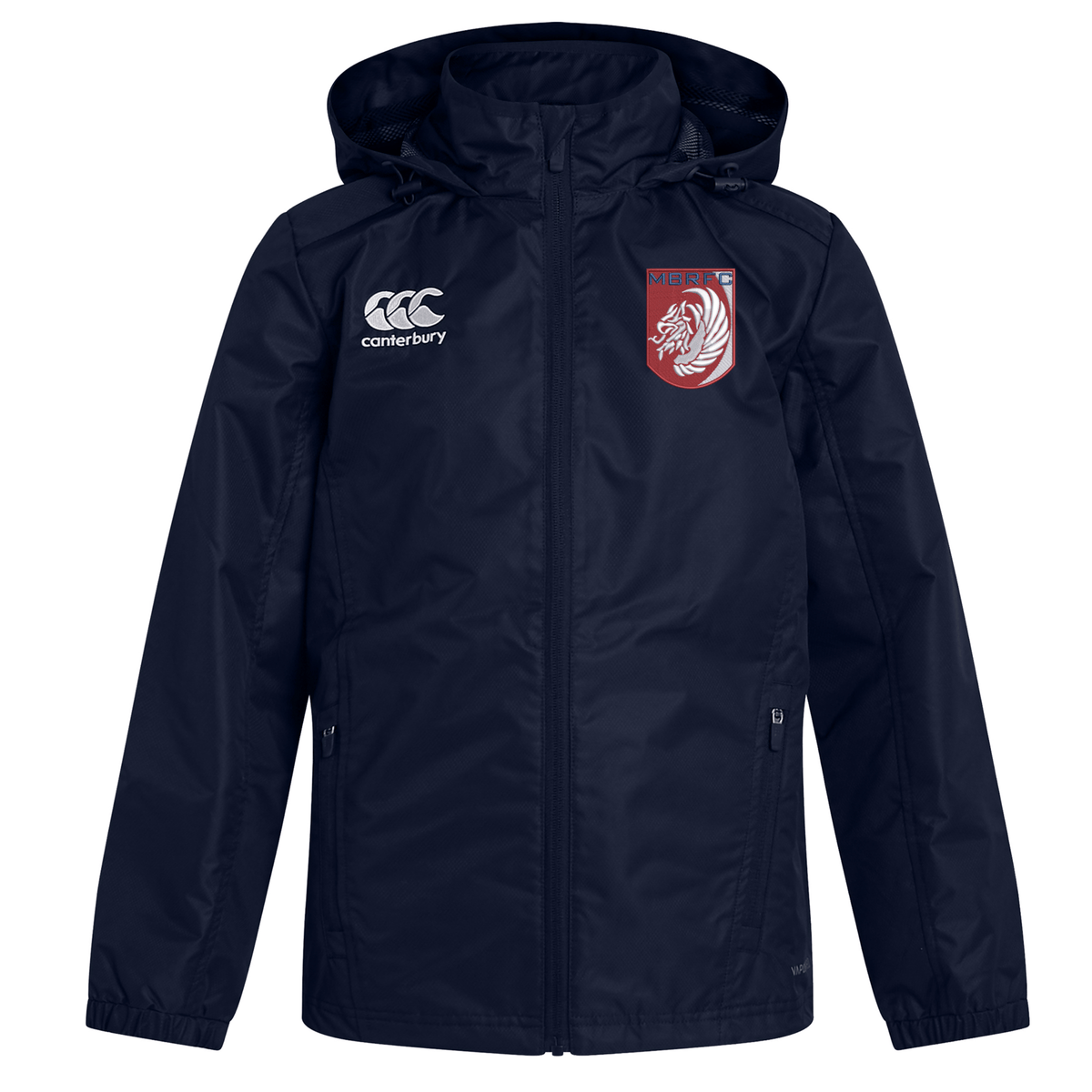 Stay dry in the Montgomery Bucks Griffins Club Vaposhield Full Zip Rain Jacket by EMB Canterbury, featuring water resistance, a left chest Canterbury logo, and a red shield with white lion on the right.