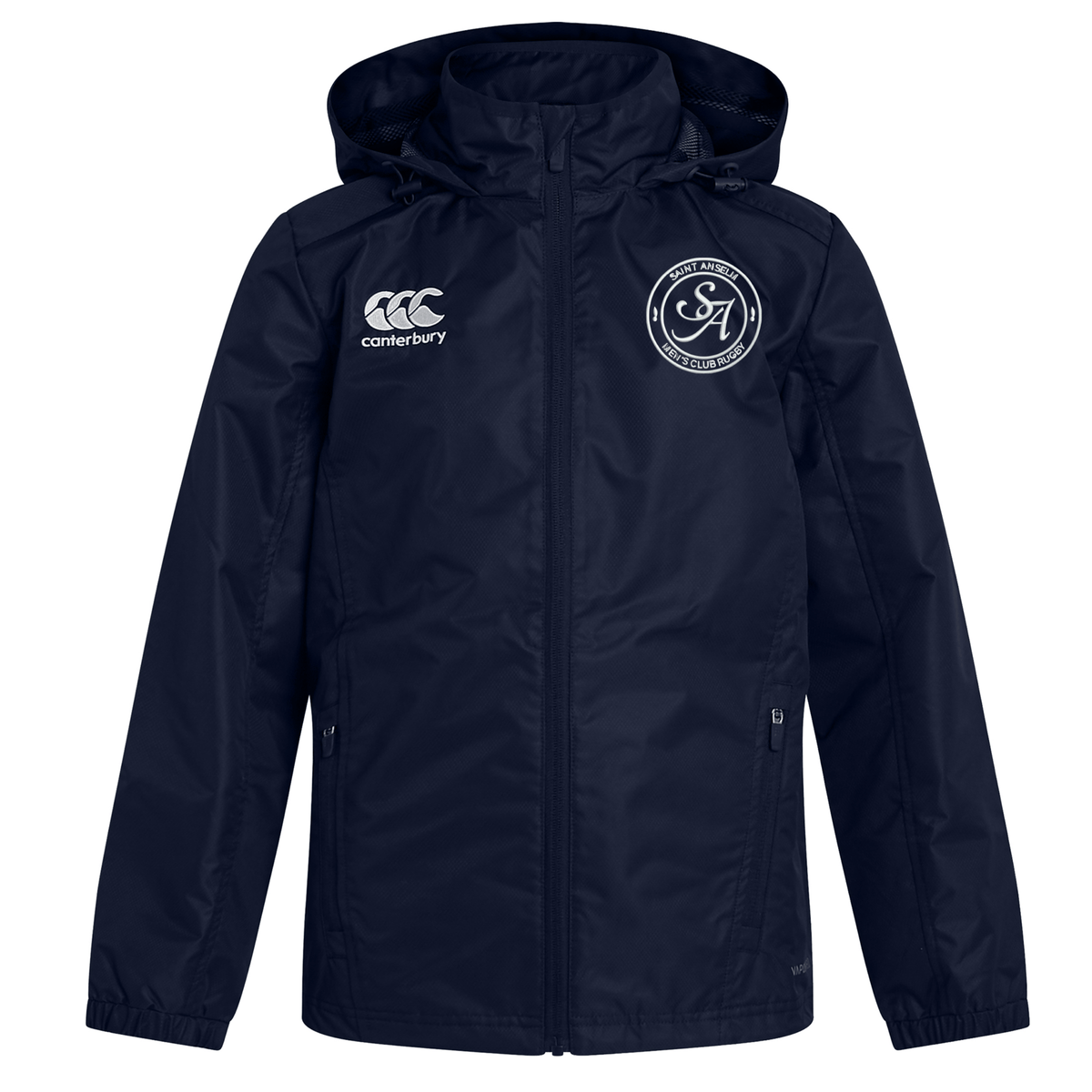 The Saint Anselm College Club Rugby Vaposhield Full Zip Rain Jacket by EMB Canterbury is a navy blue, water-resistant jacket featuring the Canterbury logo on the right chest and a circular emblem on the left for all-weather comfort.