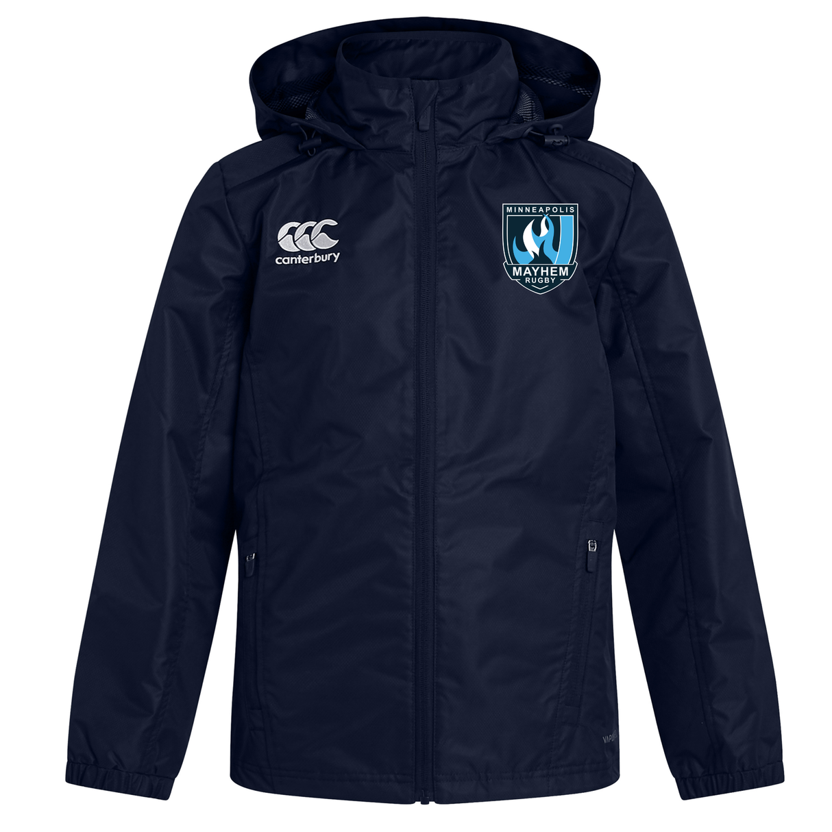 Minneapolis Mayhem Rugby Club Vaposhield Full Zip Rain Jacket by Canterbury is a navy blue hooded rain jacket featuring the Canterbury and Minneapolis Mayhem logos on the chest, a front zipper, and convenient side pockets. Made by EMB Canterbury with VapoShield technology, this water-resistant jacket keeps you dry in wet conditions.
