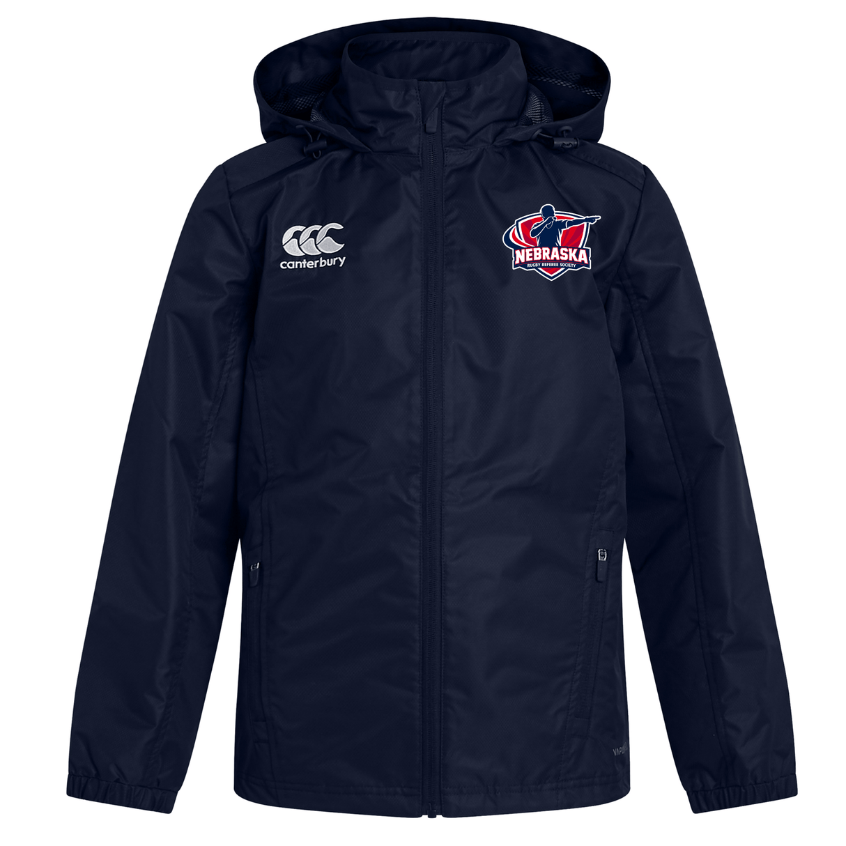 Stay dry in changing weather with the Nebraska Rugby Referee Society Club Vaposhield Full Zip Rain Jacket by EMB Canterbury, featuring a Canterbury logo on the right chest and a Nebraska football patch on the left.