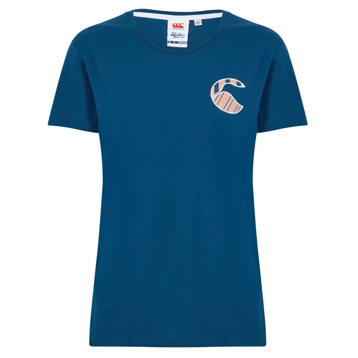 The Canterbury Women's Uglies Logo T-Shirt features short sleeves and a small beige and pink "C" logo on the left chest—a stylish blue tee ideal for fans of women's rugby apparel.