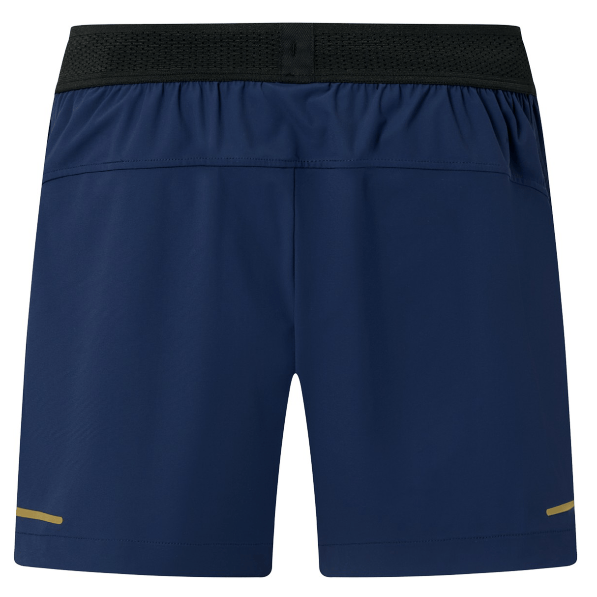 Back view of the Canterbury Everest Woven Short 5" by Canterbury, featuring a black waistband, small yellow accents near the hem, and breathable wicking fabric.