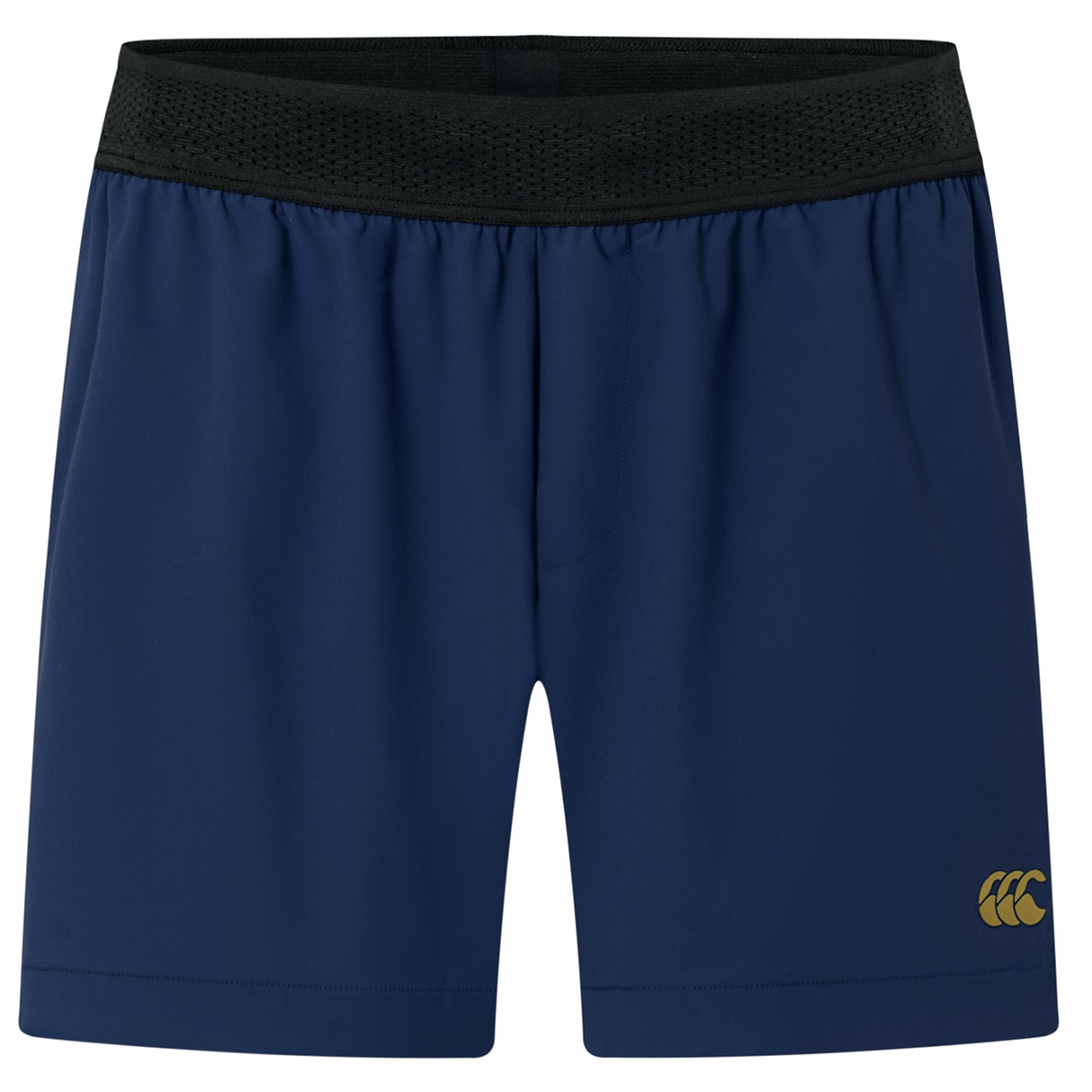 The Canterbury Everest Woven Short 5" in navy blue features a black elastic waistband, a small yellow logo on the lower left leg, and is made from breathable, moisture-wicking fabric for comfortable workouts.