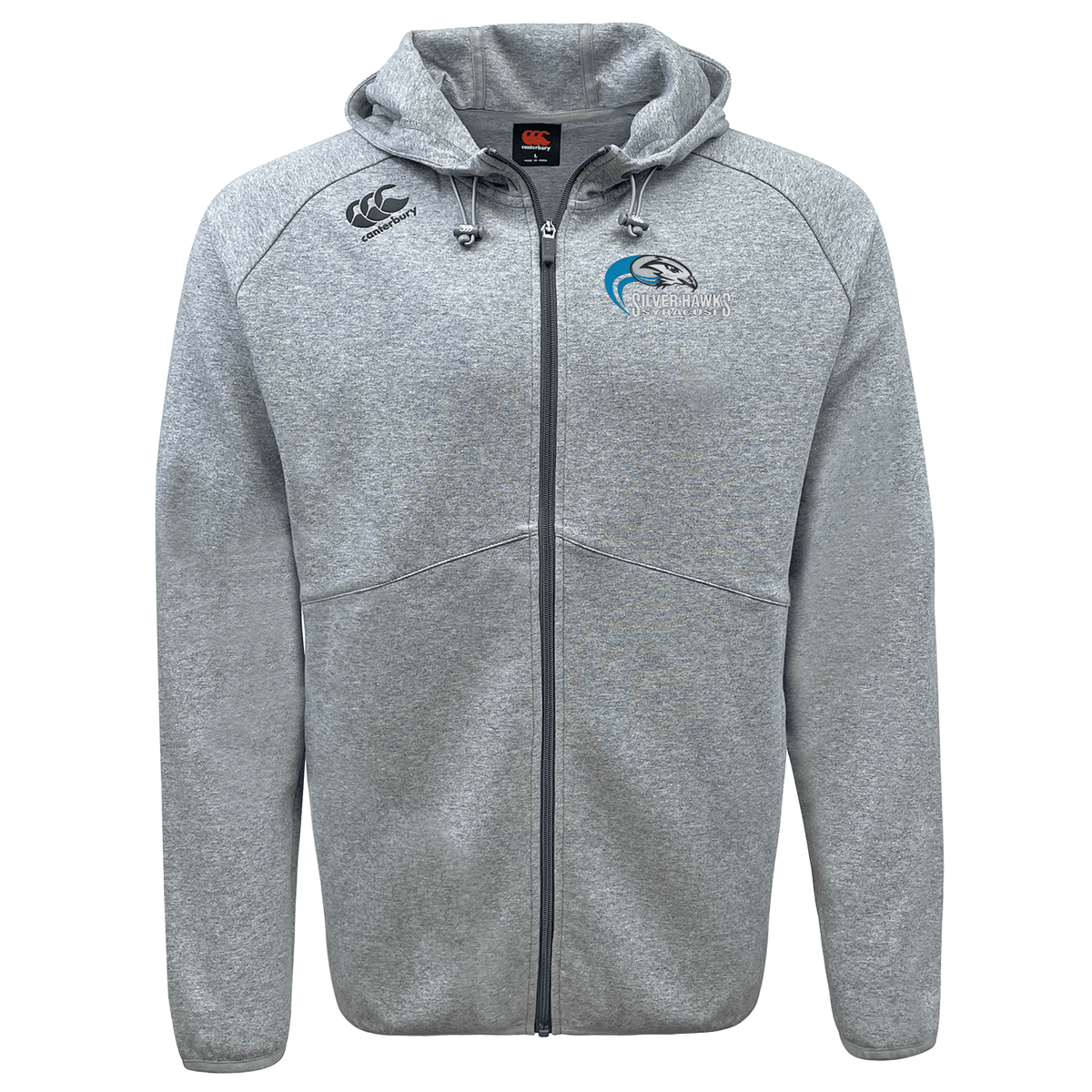 A gray Syracuse Silver Hawks Tempo Vapodri Full-Zip Hoodie by EMB Canterbury with EMB Canterbury branding and two logos on the chest: one of a stylized bird and another with text. It has a drawstring hood, long sleeves, and moisture-wicking fabric.