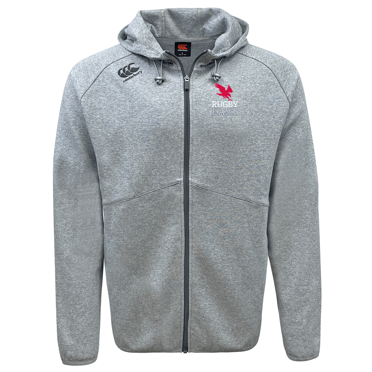 A Rugby East Conference Tempo Vapodri Full-Zip Hoodie by Canterbury with a hood and drawstrings, featuring a red bird logo and "Rugby France" text on the chest, complemented by EMB Canterbury branding on the right shoulder. This moisture-wicking hoodie ensures comfort during any activity.