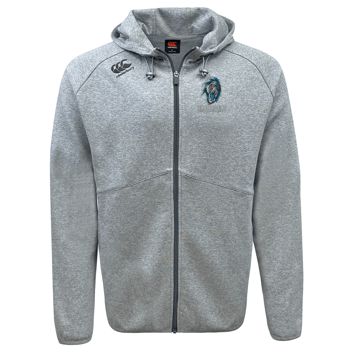 The Syracuse Silverbacks Tempo Vapodri Full-Zip Hoodie by EMB Canterbury is a gray zip-up with Canterbury branding and a hood, drawstrings, and a small embroidered logo on the left chest area. It features a full front zipper and subtle design details across the shoulders and sleeves, ensuring it's both stylish and functional.