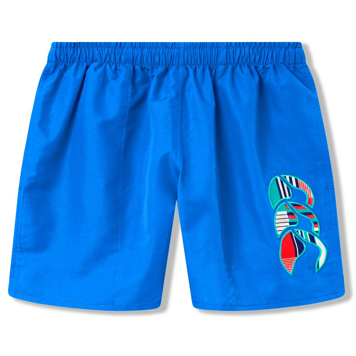 The Canterbury Uglies Tactic Short features a bright blue design, elastic waistband, and an abstract leaf print on the lower right leg—ideal for rugby training or casual wear.