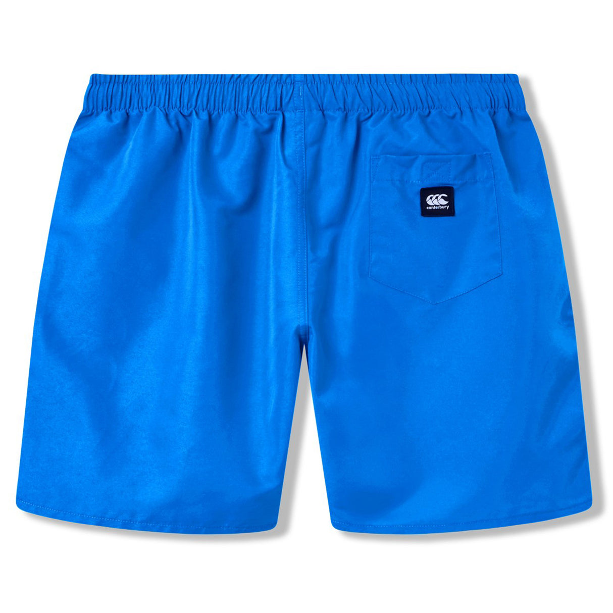 The Canterbury Uglies Tactic Short by Canterbury features a bright blue design, elastic waistband, single back pocket, and a logo patch—perfect for rugby training or as classic athletic shorts.
