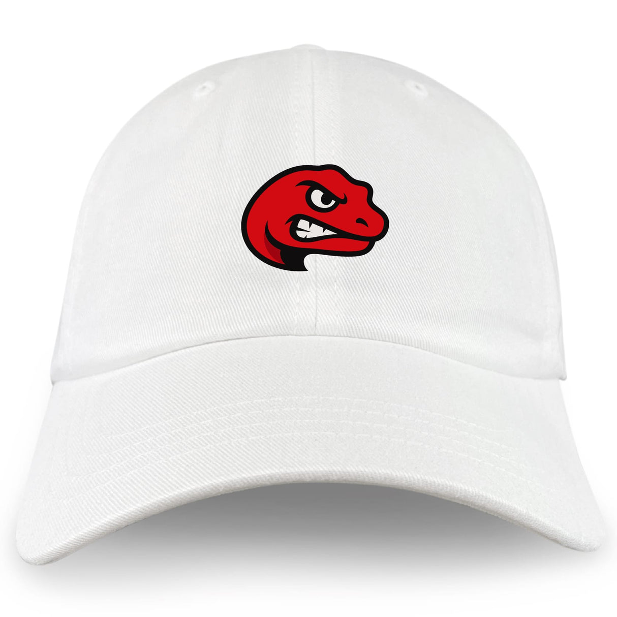 The Angry Newts Adult Low-Profile Cotton Twill Dad Cap by EMB S&S Activewear is a white dad hat with a red, cartoon-style angry dinosaur head logo embroidered on the front.