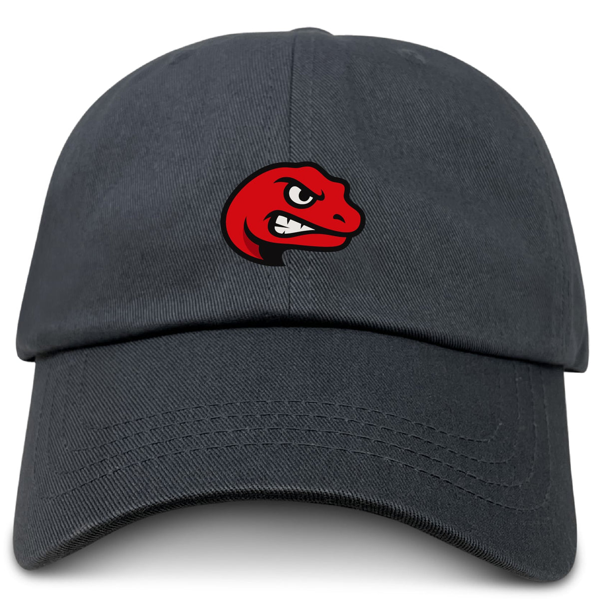 The Angry Newts Adult Low-Profile Cotton Twill Dad Cap by EMB S&S Activewear features a black cotton twill design with a small red angry cartoon dinosaur head embroidered on the front.