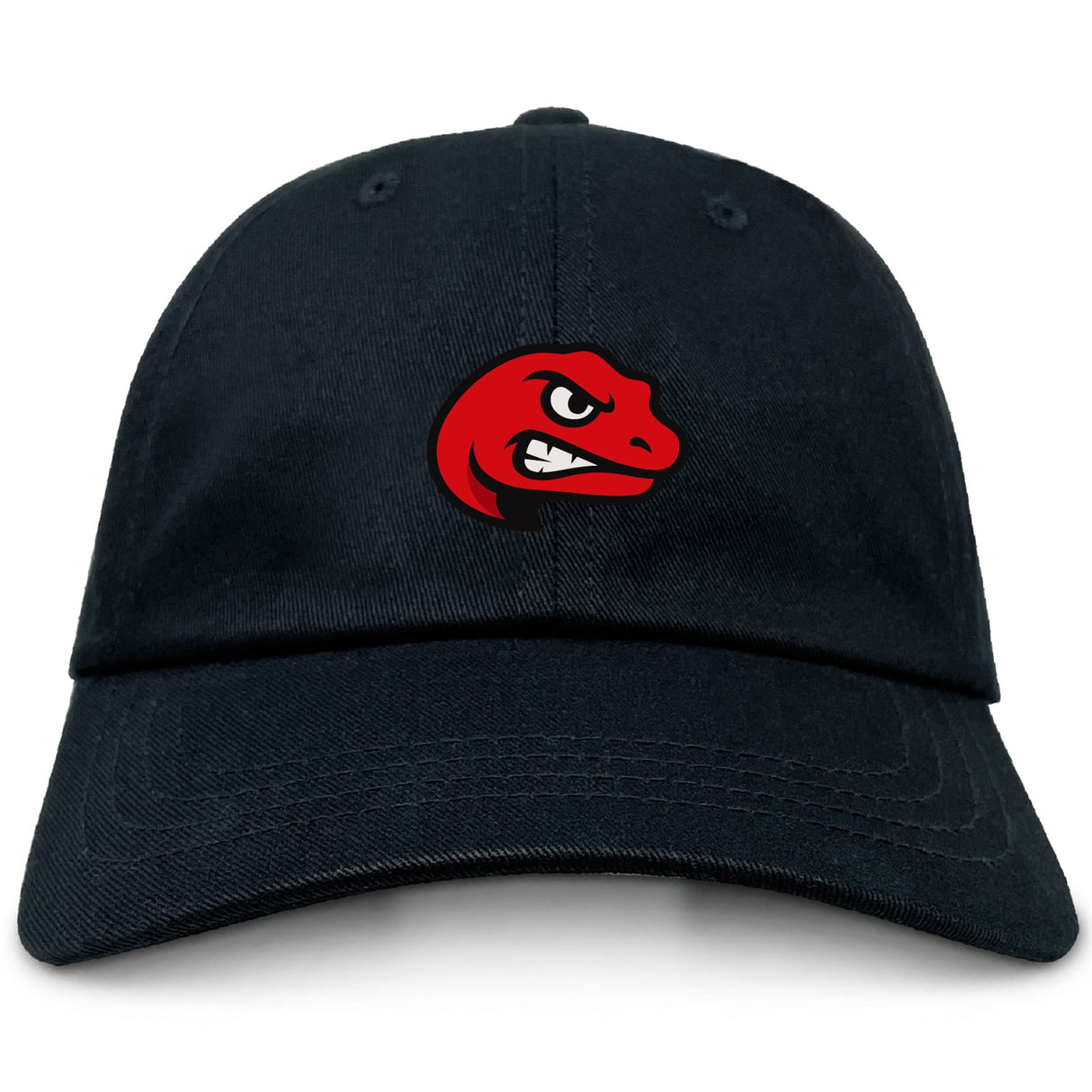 The Angry Newts Adult Low-Profile Cotton Twill Dad Cap by EMB S&S Activewear is a black cotton dad cap featuring an embroidered red cartoon dinosaur head with an aggressive look on the front.