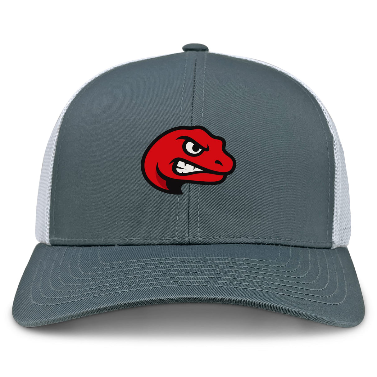 The Angry Newts Retro Trucker Cap by EMB S&S Activewear is a gray and white snapback featuring an embroidered red cartoon dinosaur head with an aggressive expression on the front.