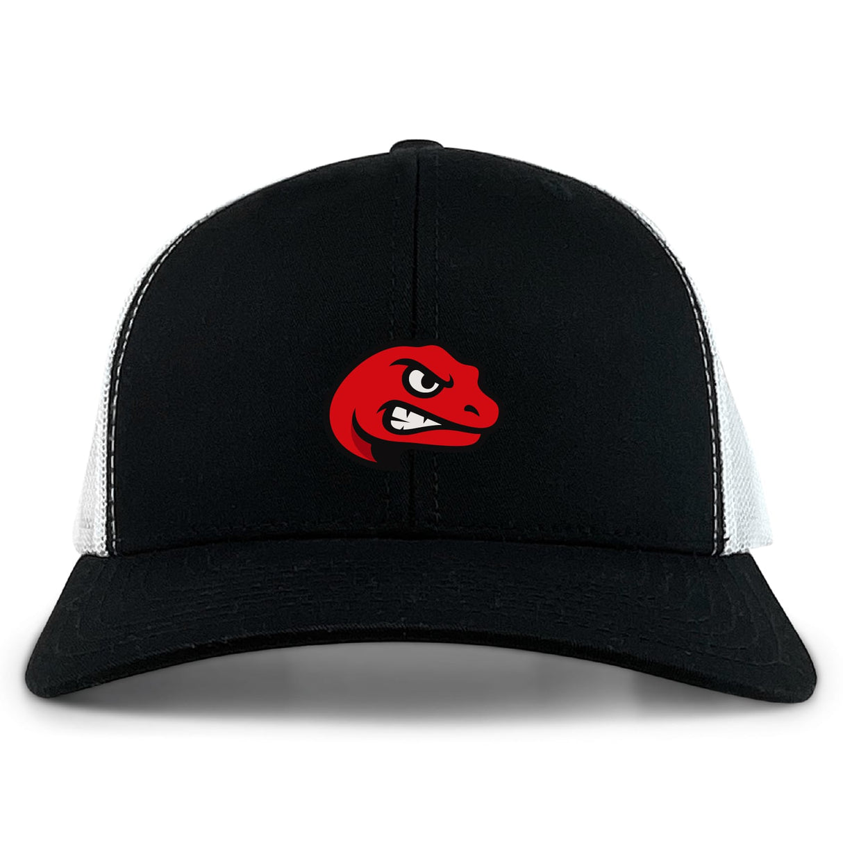 The Angry Newts Retro Trucker Cap by EMB S&S Activewear features a red embroidered angry dinosaur head on the front, classic black and white styling, and an adjustable snapback closure.