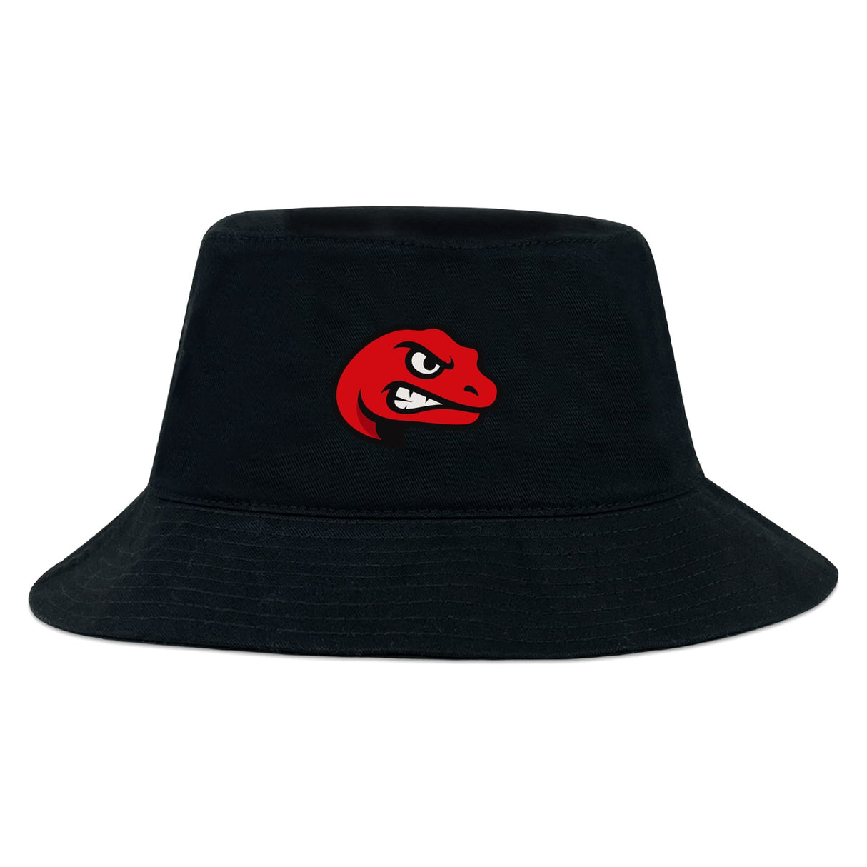 The Angry Newts Crusher Bucket Cap by EMB S&S Activewear is a black cotton twill hat featuring a red cartoon dinosaur head with an angry expression, combining style and sun protection.