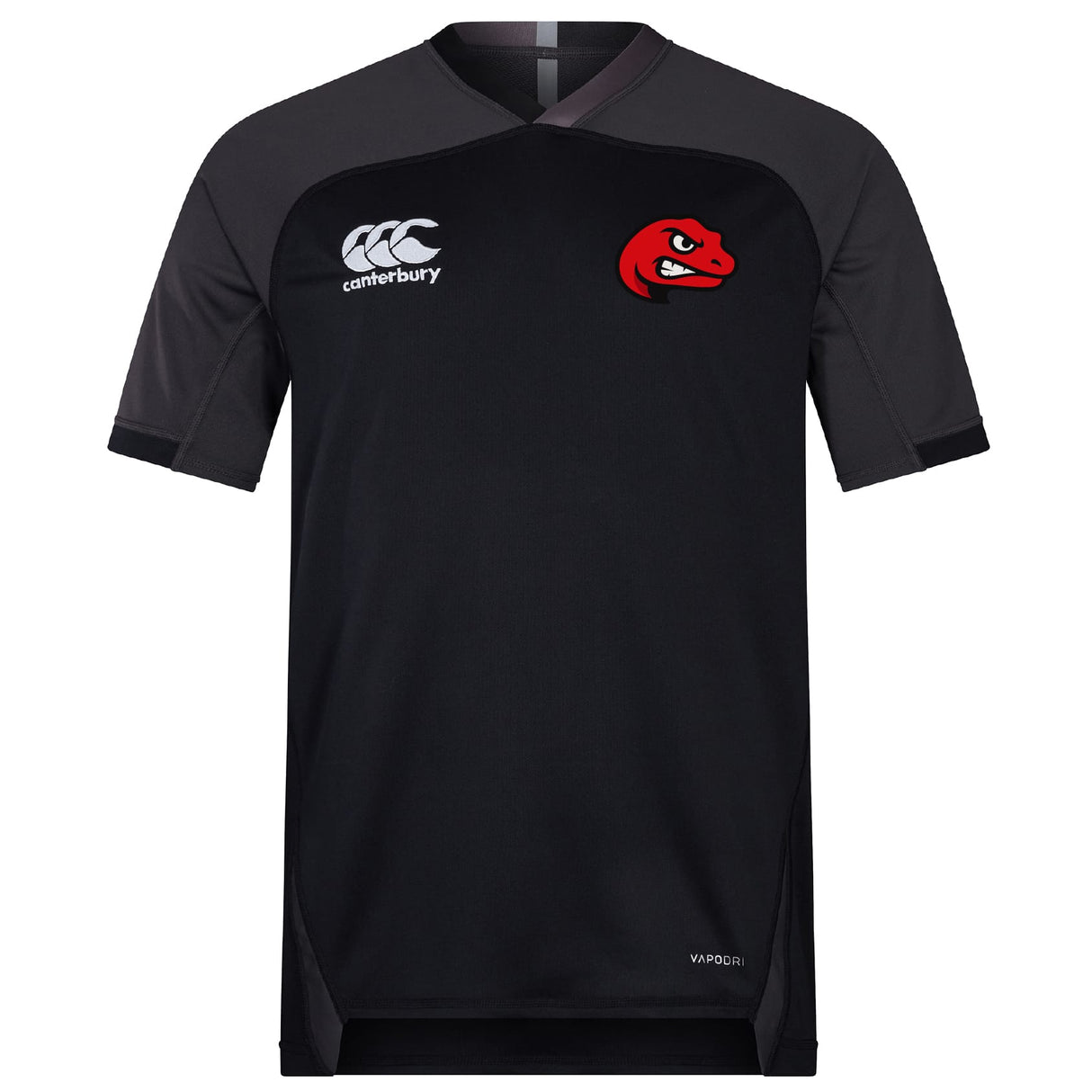 The Angry Newts Vapodri Evader Jersey by EMB Canterbury is a black short-sleeve rugby top with moisture-wicking tech, Canterbury logo on the right chest, and a red dinosaur head emblem on the left chest.