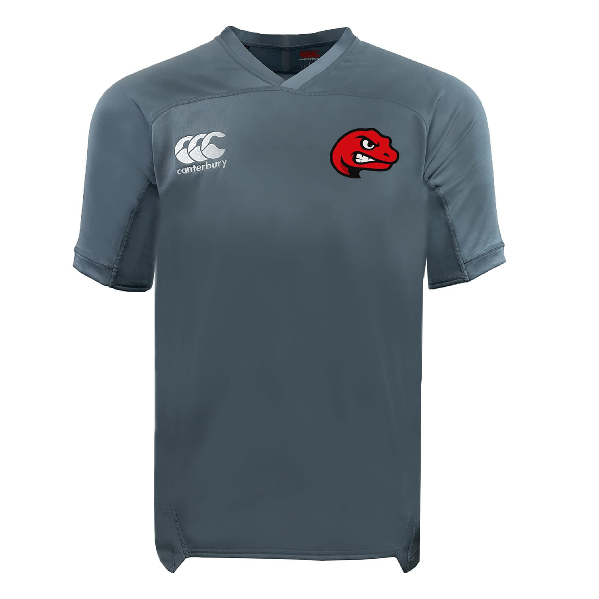 The Angry Newts Vapodri Evader Jersey by EMB Canterbury is a gray short-sleeve rugby top with a white Canterbury logo on the right chest, red snake head emblem on the left, and moisture-wicking tech for comfort.