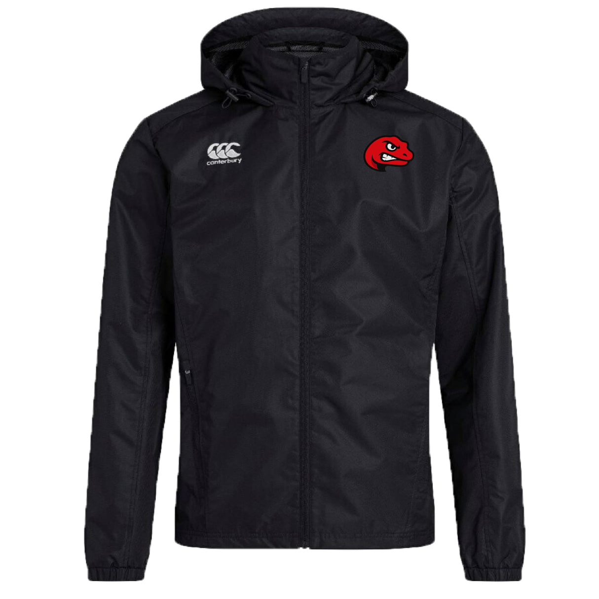 The Angry Newts Club Vaposhield Full Zip Rain Jacket by EMB Canterbury features a black hood, right-chest Canterbury logo, left-chest red cartoon snake head emblem, and water-resistant VapoShield technology.