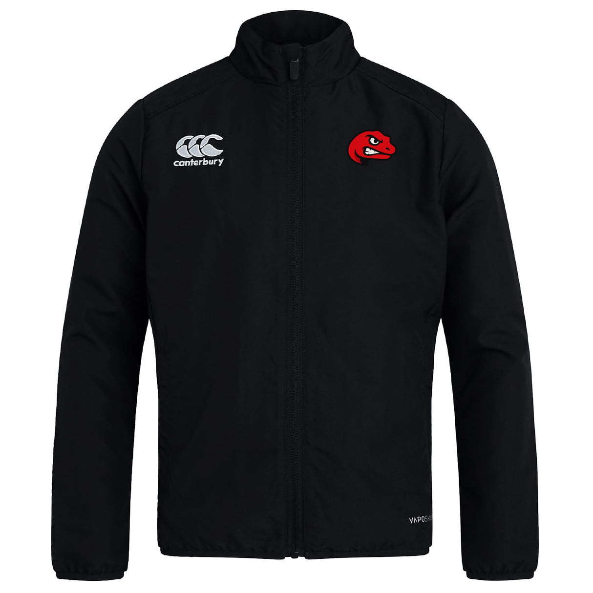 The Angry Newts Club Track Jacket by EMB Canterbury is a black lightweight jacket with a red angry face logo on the left chest and the white Canterbury logo on the right chest, ideal for everyday wear.