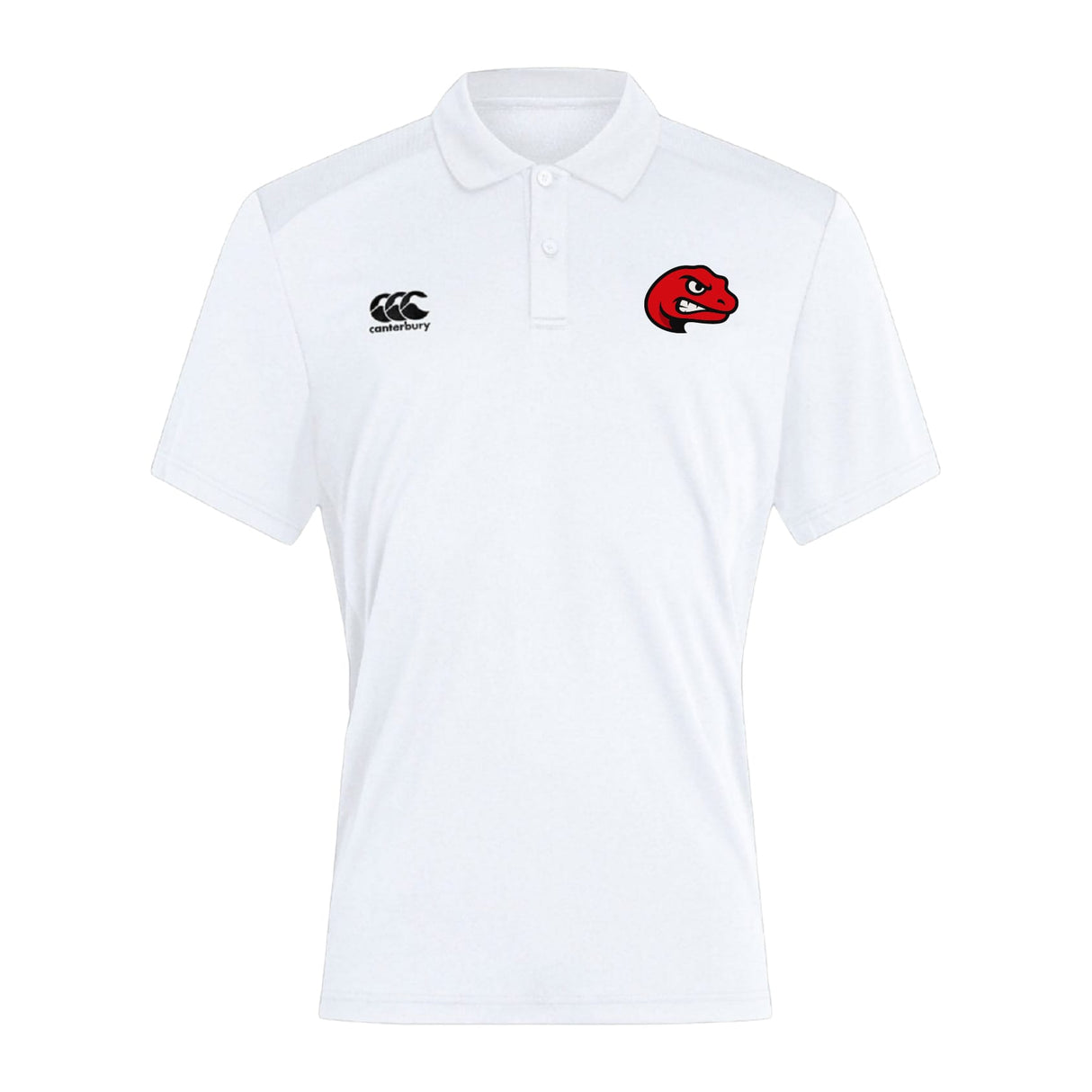 The Angry Newts Club Dry Polo by EMB Canterbury features a black "Canterbury" logo on the right chest, a red snake head emblem on the left, and Vapodri Technology for breathable comfort.