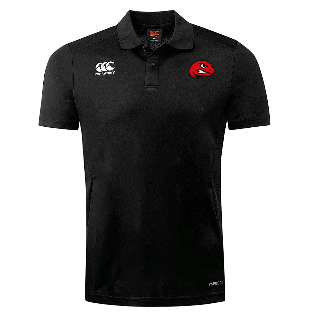 The Angry Newts Club Dry Polo by EMB Canterbury is a black, short-sleeved polo with Vapodri Technology, a white Canterbury logo on the right chest, and a red cartoon face emblem on the left for breathable style.