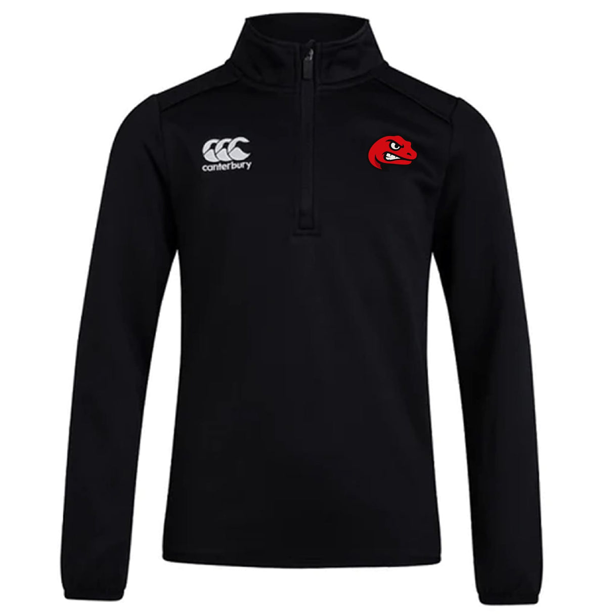 The Angry Newts Club 1/4 Zip Mid Layer Training Top by EMB Canterbury features black long sleeves, a white Canterbury logo right chest, and a red stylized snake head left—perfect as custom rugby apparel or your go-to training top.