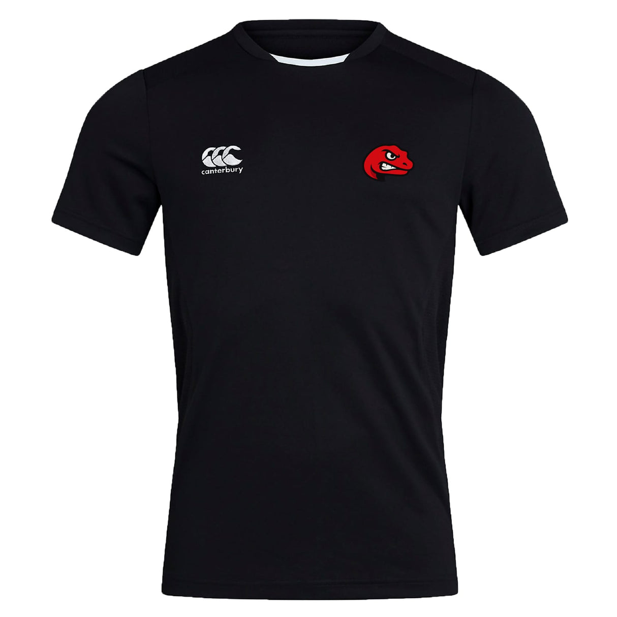 The Angry Newts Club Dry Tee by EMB Canterbury is a black short-sleeve athletic shirt featuring a white "Canterbury" logo on the right chest, a red cartoon dinosaur head on the left, and Vapodri tech for breathable comfort.