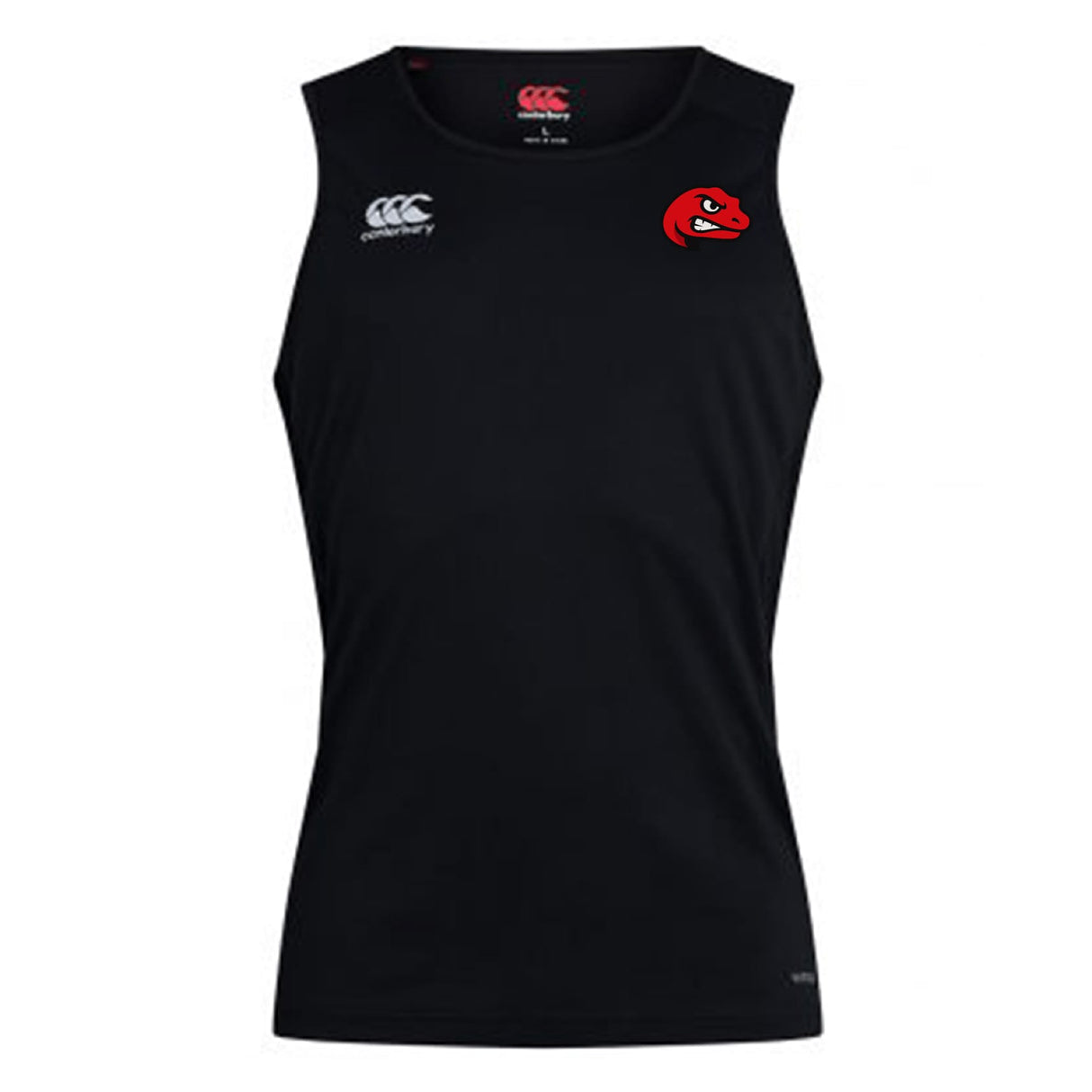 The Angry Newts Club Dry Singlet by EMB Canterbury is a black sleeveless top with a white Canterbury logo and red cartoon snake, made with Vapodri Technology to keep you cool and comfortable during workouts.