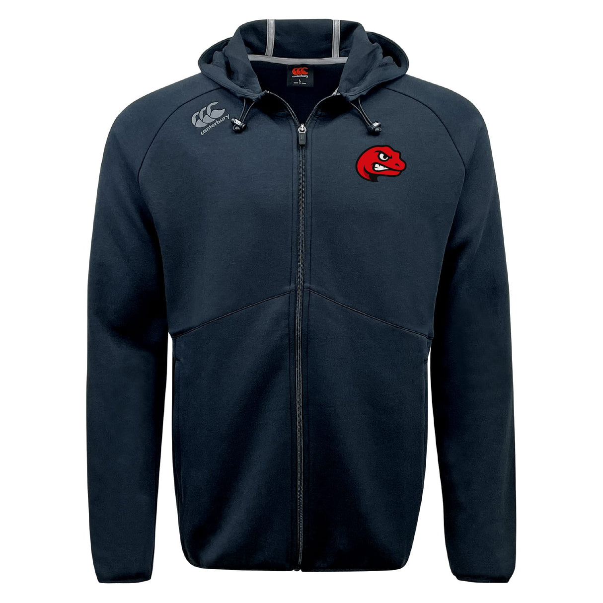The Angry Newts Tempo Vapodri Full-Zip Hoodie by EMB Canterbury is a black, moisture-wicking hoodie featuring a red dragon logo on the left chest and a white EMB Canterbury logo on the right shoulder.