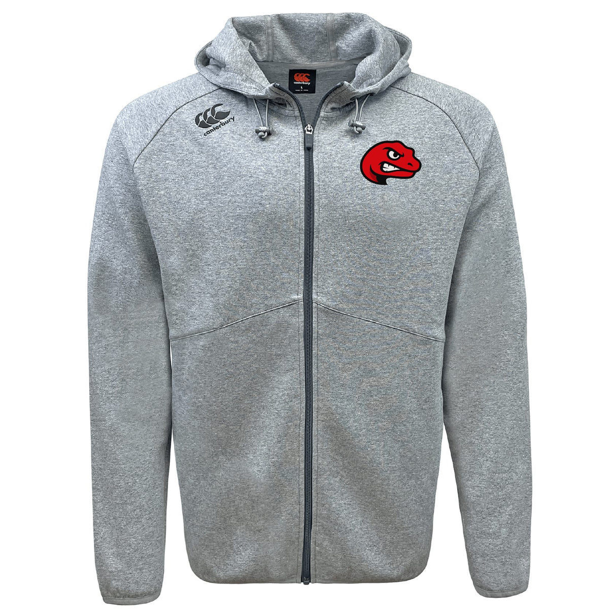 The Angry Newts Tempo Vapodri Full-Zip Hoodie by EMB Canterbury features a red dinosaur head logo on the left chest, black Canterbury logo on the right, moisture-wicking fabric, drawstring hood, and front pockets.