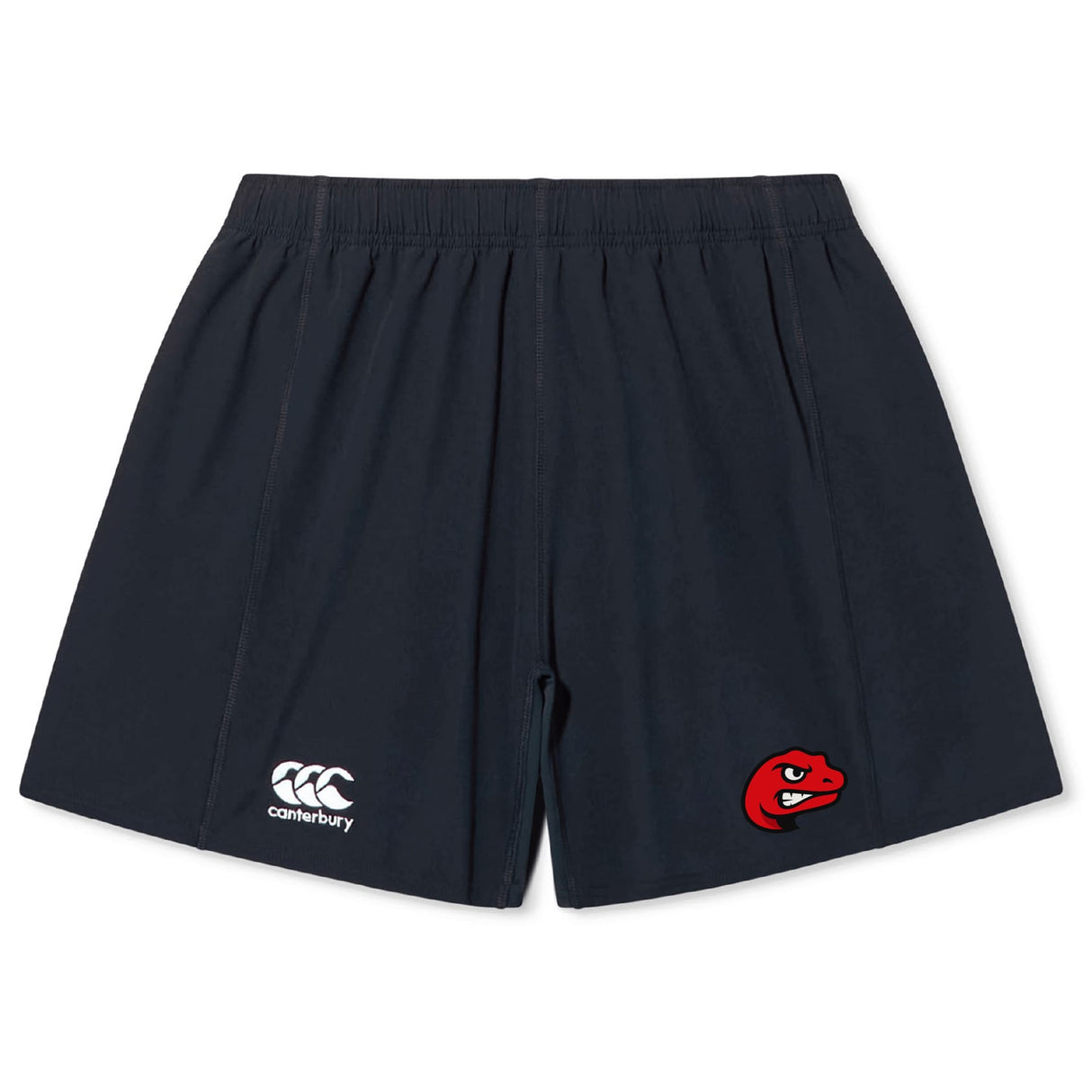 The Angry Newts Yokohama Short by EMB Canterbury is navy blue with an elastic waistband, a white Canterbury logo on the left leg, and a red Angry Newts snake head logo on the right leg.