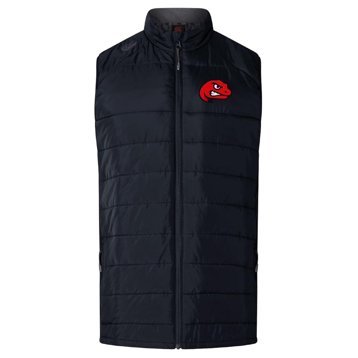 The EMB Canterbury Angry Newts Elite Microlite Gilet is a black insulated sports vest with a front zipper and red snake head logo on the upper left chest, offering warmth and mobility in a stylish hybrid design.