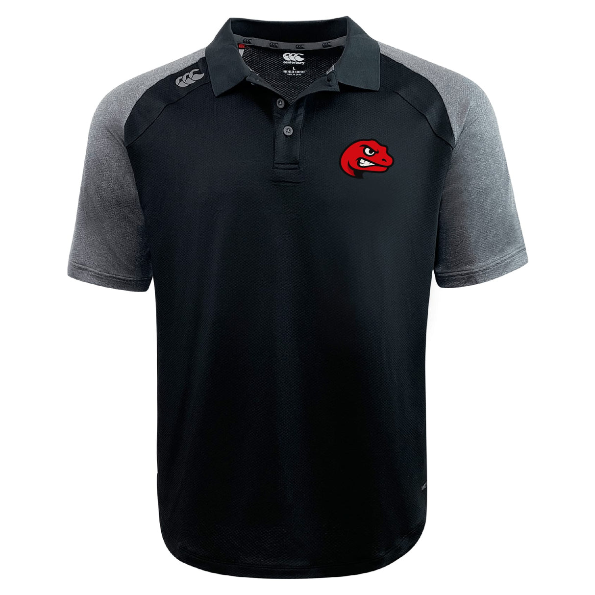 The Angry Newts Elite Polo by EMB Canterbury features a black and gray design, red snake logo on the left chest, white branding on the right shoulder, and breathable Vapodri fabric for moisture-wicking comfort.