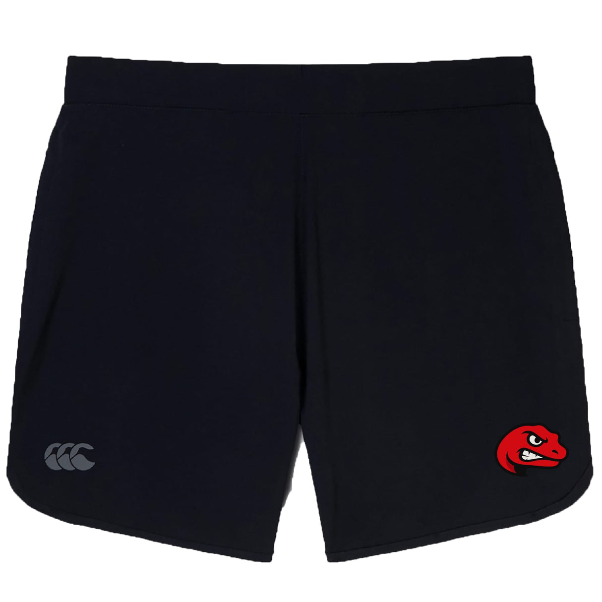 The Angry Newts Elite Woven Short by EMB Canterbury features a silver "CCC" logo on the left leg, a red snake head on the right, and zippered pockets for secure storage—ideal for training sessions.