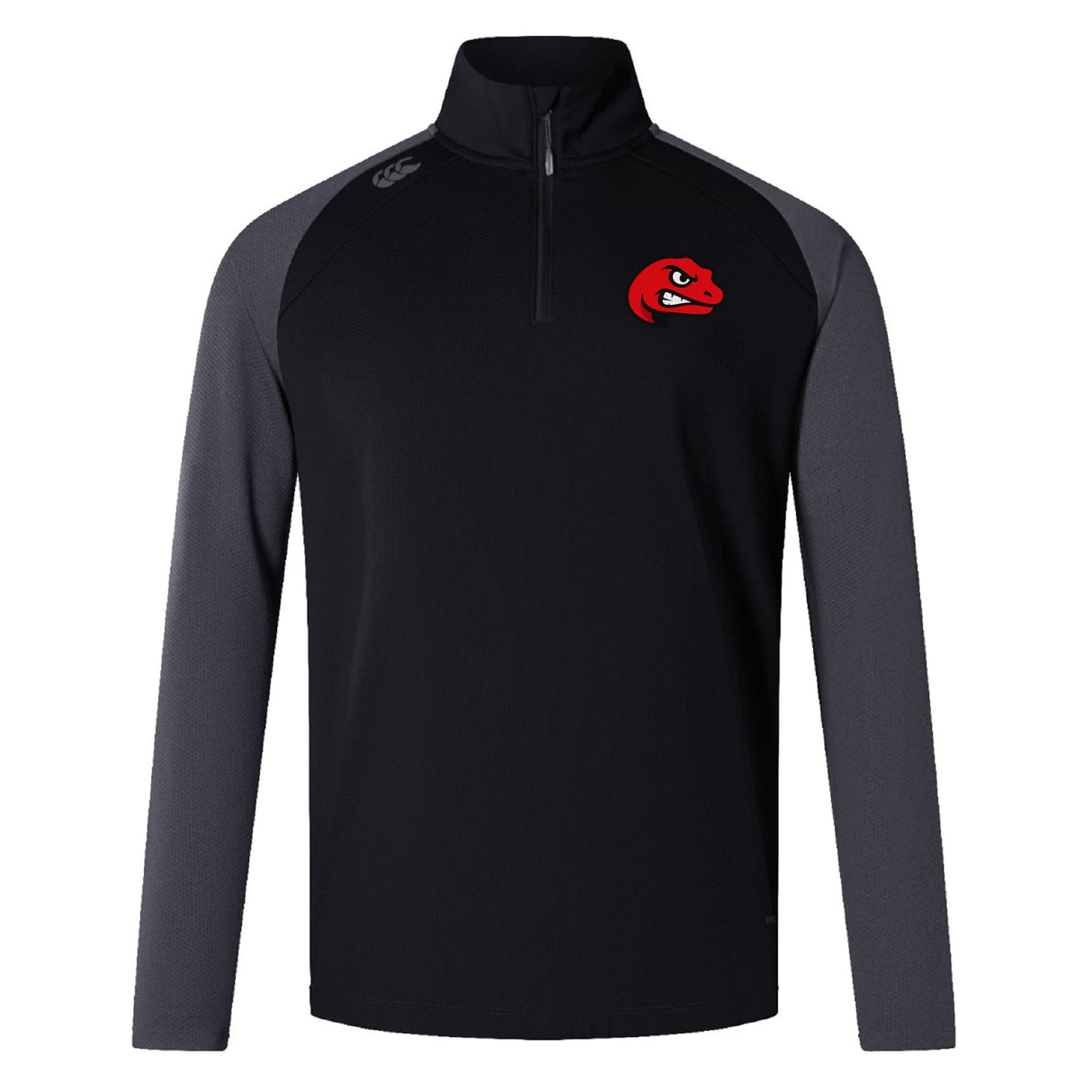 The Angry Newts Elite First Layer by EMB Canterbury is a black and gray long-sleeve quarter-zip rugby training top with a red cartoon snake logo on the left chest and a small brand logo on the right shoulder.