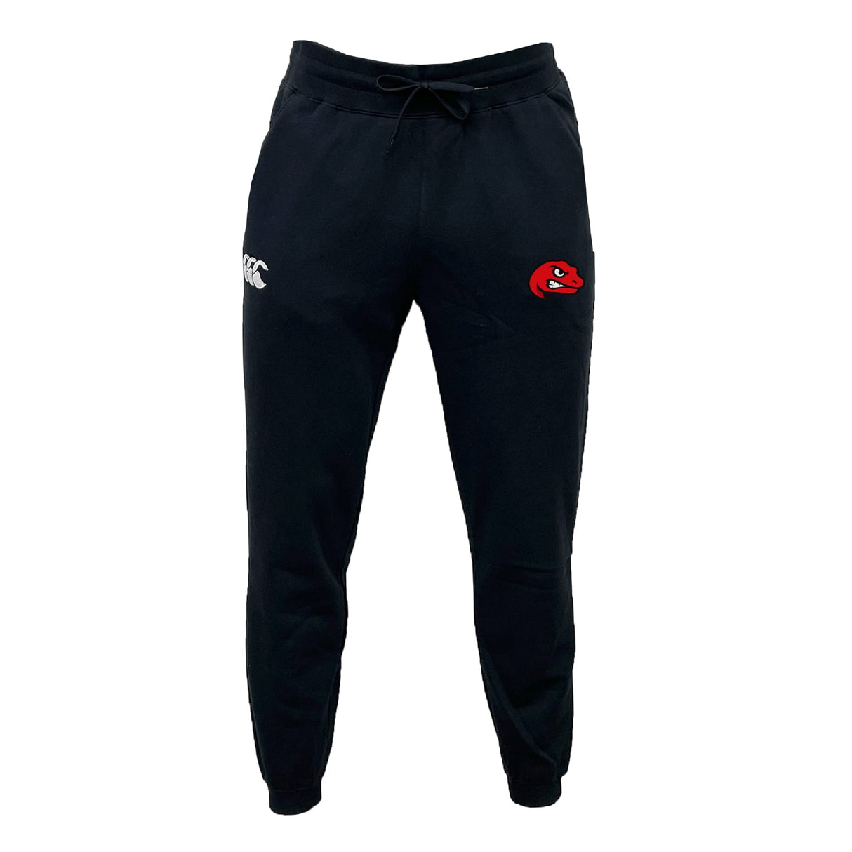 The Angry Newts Leisure Sweatpant by EMB Canterbury features black organic cotton, a drawstring waist, white logo on the right thigh, red cartoon face patch on the left, and is crafted from sustainable fleece for comfort.