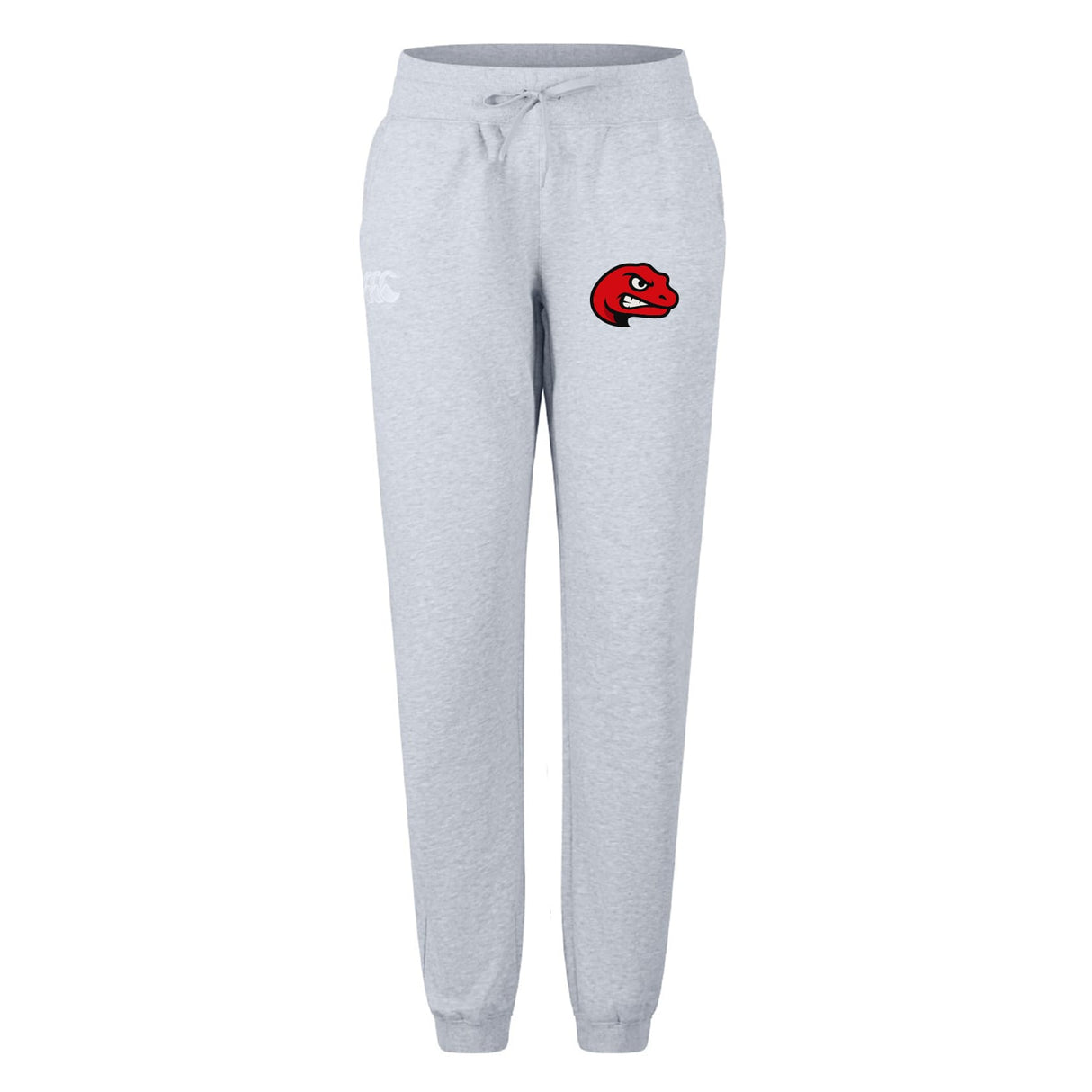 The Angry Newts Women's Leisure Sweatpant by EMB Canterbury features light gray organic cotton, a drawstring waist, and a red dragon logo on the left thigh.