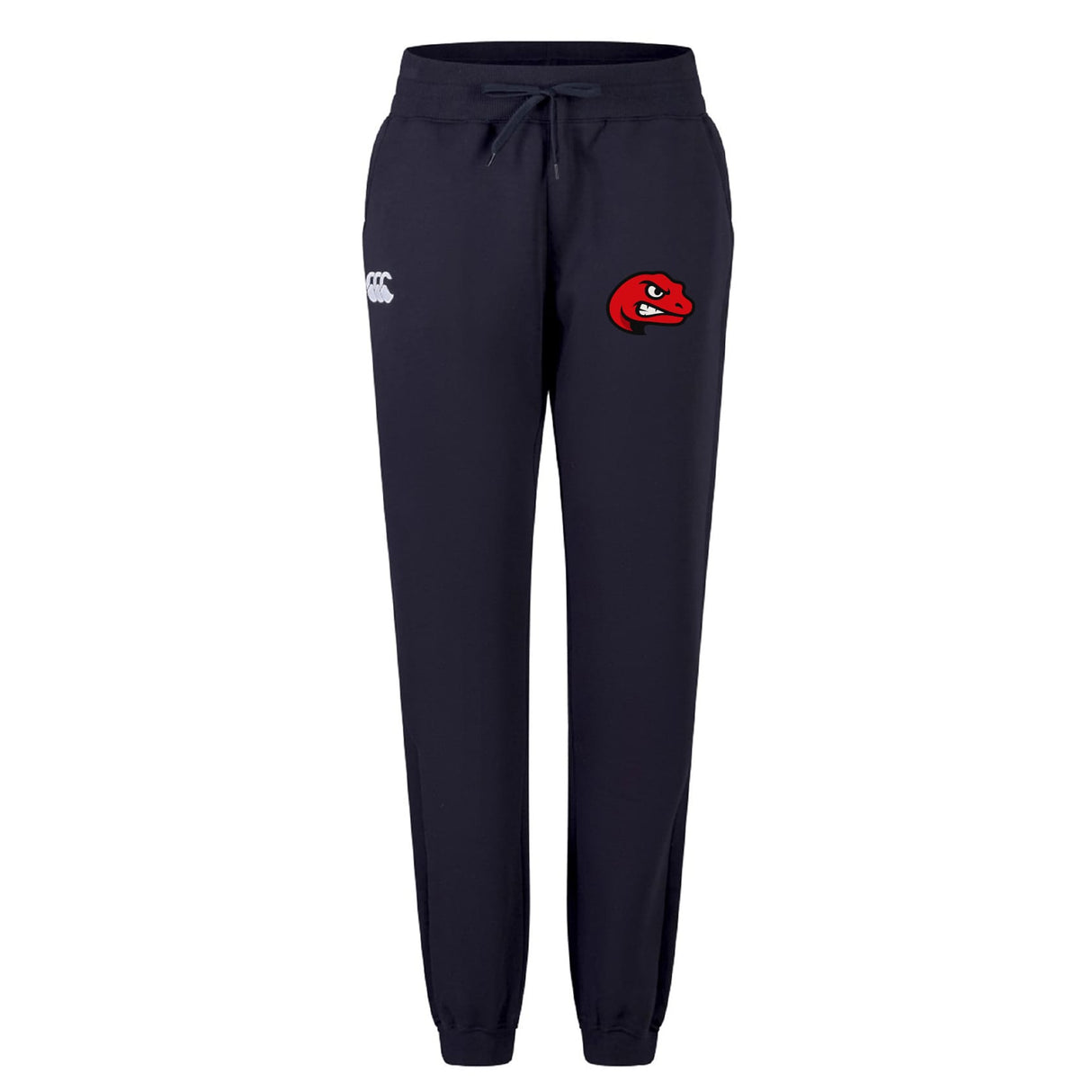 The Angry Newts Women's Leisure Sweatpant by EMB Canterbury features navy blue fabric, an elastic waistband with drawstring, a white logo on the left thigh, and a red snake emblem on the right—ideal for everyday comfort and style.
