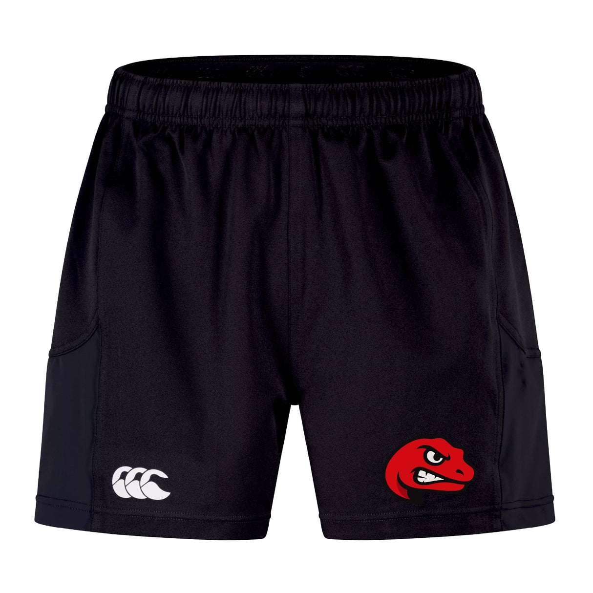 The EMB Canterbury Angry Newts Advantage Short 2.0 features a white Canterbury logo on the left leg and a red dinosaur head logo on the right, combining comfort, style, and sustainable sportswear for peak athletic performance.