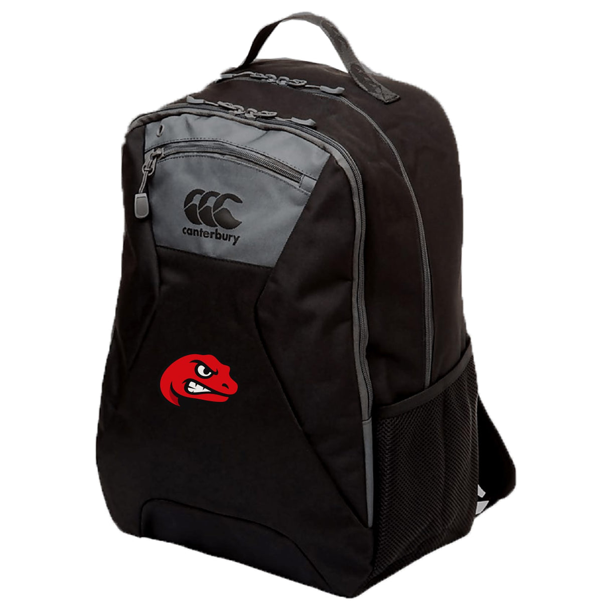 The EMB Canterbury Angry Newts Medium Backpack features gray accents, zippered compartments, water repellent finish, mesh side pocket, padded laptop pocket, and a bold red angry dinosaur logo on the front.