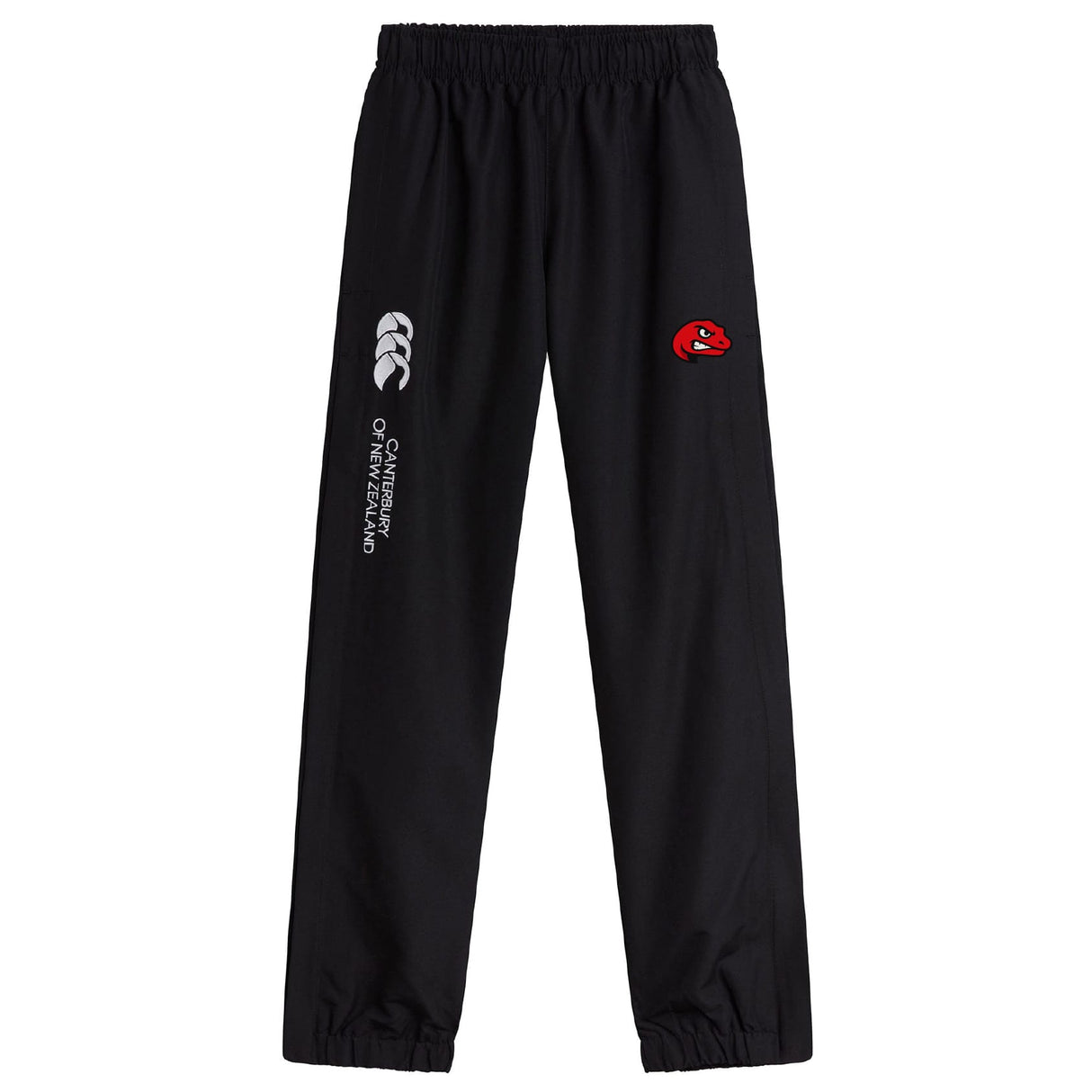 The Angry Newts Cuffed Hem Stadium Pant by EMB Canterbury features a black athletic design, elastic waistband, white Canterbury logo and "Canterbury New Zealand" text, plus a red animal head emblem—perfect for rugby fans.