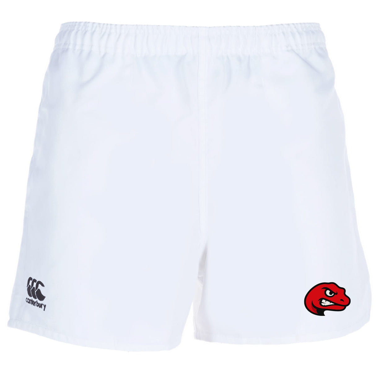 The Angry Newts Professional Polyester Rugby Short by EMB Canterbury features an elastic waistband, the Canterbury logo on one leg, and a red snake head mascot on the other.