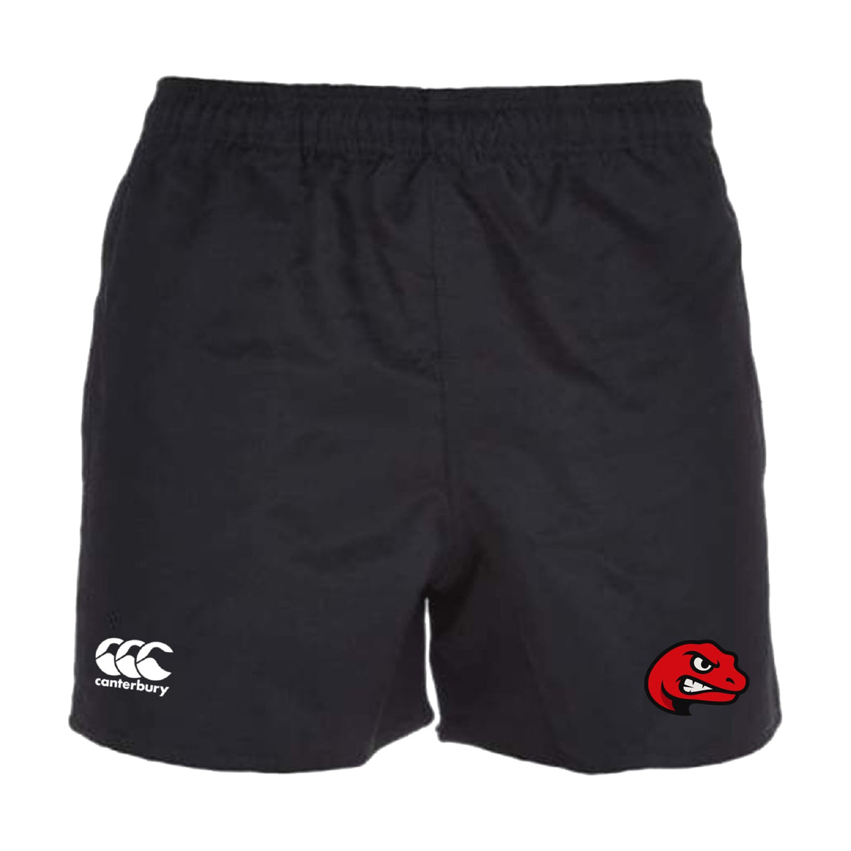 The Angry Newts Professional Polyester Rugby Short by Canterbury features black fabric, a white EMB Canterbury logo on the left leg, and a red snake head logo on the right leg.