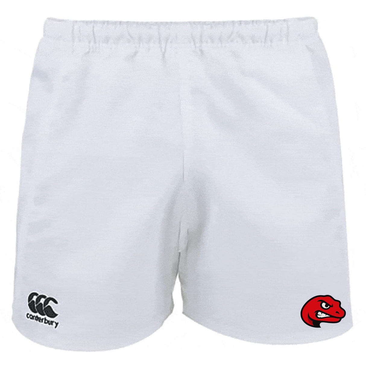 The Angry Newts Advantage Short 2.0 by EMB Canterbury features a black Canterbury logo on the left leg and a red cartoon dinosaur head on the right, perfect for athletes who value sustainable sportswear.