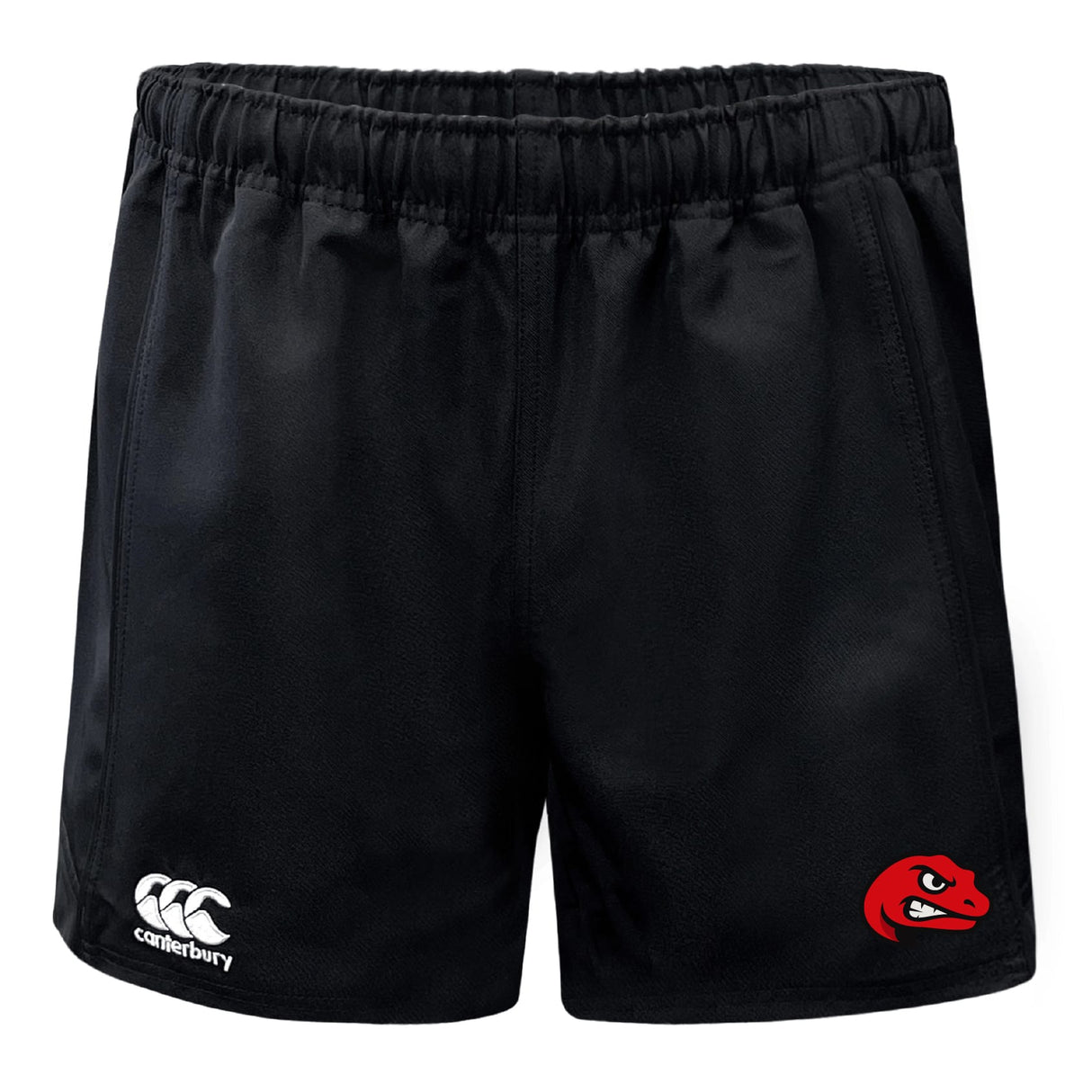 The Angry Newts Advantage Rugby Shorts by EMB Canterbury feature black fabric, an elastic waistband, a white Canterbury logo on the left leg, and a red snake head logo on the right. These shorts are moisture wicking for cool comfort on the field.